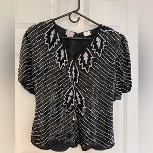 Vintage Beaded Black Short Sleeve Evening Top
